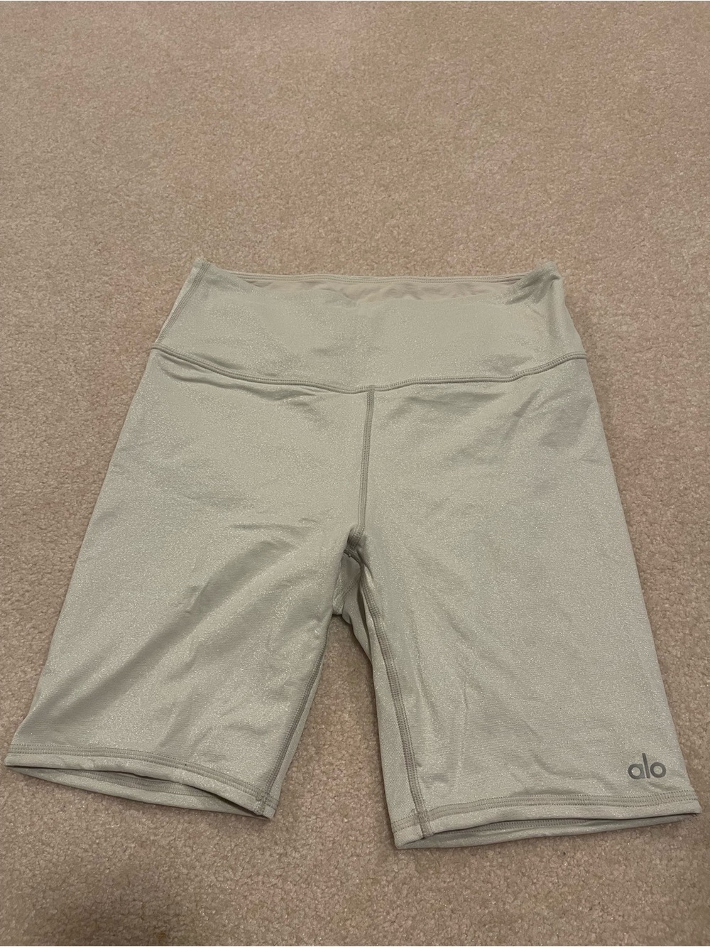 Alo High-Rise Bike Shorts in Beige Sparkle